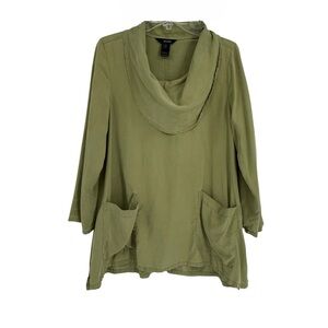 Ali Miles Tunic Top Blouse Size M Cowl Neck Roll Tab Sleeves Lagenlook Green